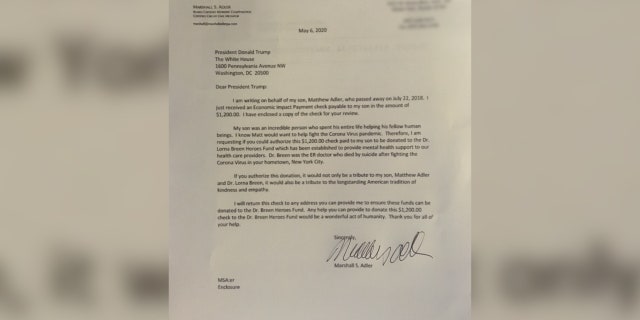Letter Marshall Adler wrote to President Donald Trump after receiving $1,200 federal stimulus payment with his deceased son's name on it.