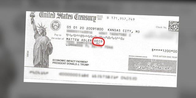 Marshall Adler received this $1,200 federal stimulus payment with his deceased son's name on it.