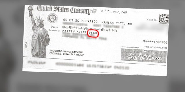 Marshall Adler received this $1,200 federal stimulus payment with his deceased son's name on it.