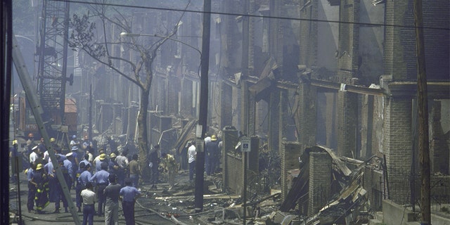 Houses in ruins after police dropped a bomb in an eviction confrontation with MOVE in Philadelphia, in 1985.