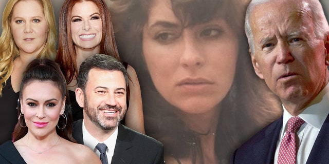Celebrities who defended former Vice President Joe Biden (right) or stayed silent on the sex-assault claim by Tara Reade included (top row, left to right) Amy Schumer, Debra Messing, (bottom row, left to right) Alyssa Milano and Jimmy Kimmel.