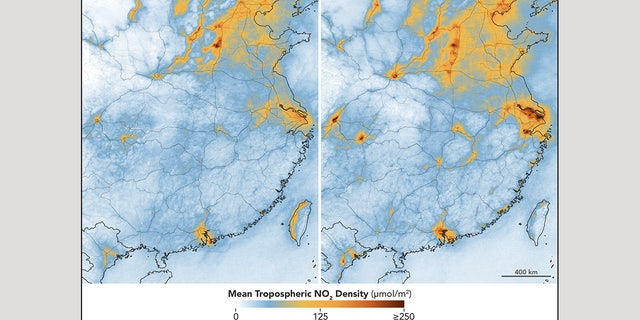 The maps on this page show levels of nitrogen dioxide in the troposphere (the lowest layer of the atmosphere) over China. The maps above show NO2 levels in central and eastern portions of the country from February 10–25 (during the quarantine) and April 20 to May 12 (after restrictions were lifted). (NASA)