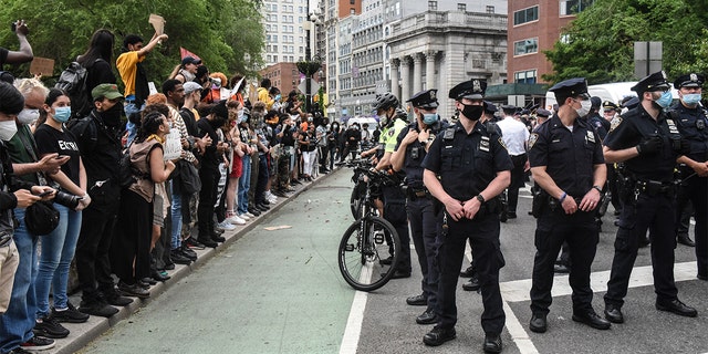 NEW YORK, NY - MAY 28: Protesters clash with police during a rally against the death of Minneapolis, Minnesota man George Floyd at the hands of police on May 28, 2020 in Union Square in New York City. Floyd's death was captured in video that went viral of the incident. Minnesota Gov. Tim Walz called in the National Guard today as looting broke out in St. Paul. (Photo by Stephanie Keith/Getty Images)