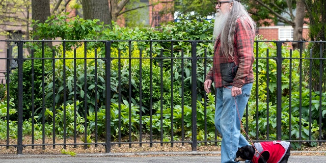 In this Monday, May 11, 2020 photo, a man walks his dog without a face mask in Tompkins Square Park in New York. New York's governor has ordered masks for anyone out in public who can't stay at least six feet away from other people. Yet, while the rule is clear, New Yorkers have adopted their own interpretation of exactly when masks are required, especially outdoors. (AP Photo/Mary Altaffer)