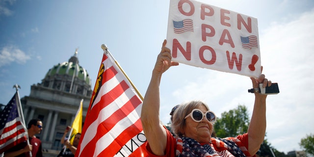Protesters demonstrate during a rally against Pennsylvania's coronavirus stay-at-home order at the state Capitol in Harrisburg, Pa., Friday, May 15, 2020. (AP Photo/Matt Rourke)
