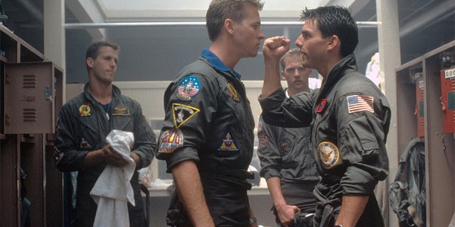 American actors Val Kilmer and Tom Cruise appear on the set of the original "Top Gun," directed by Tony Scott.