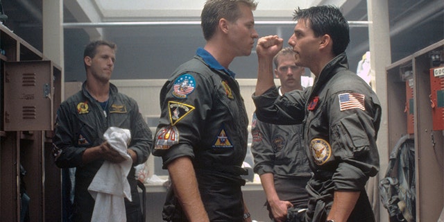 American actors Val Kilmer and Tom Cruise on the set of the original 'Top Gun,' directed by Tony Scott. (Photo by Paramount Pictures/Sunset Boulevard/Corbis via Getty Images)