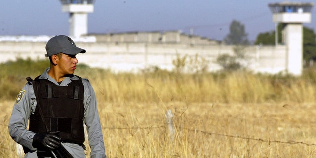 A Mexican Federal Police officer guards the access road to Puente Grande federal prison near Guadalajara which houses some of the country's most dangerous criminals.