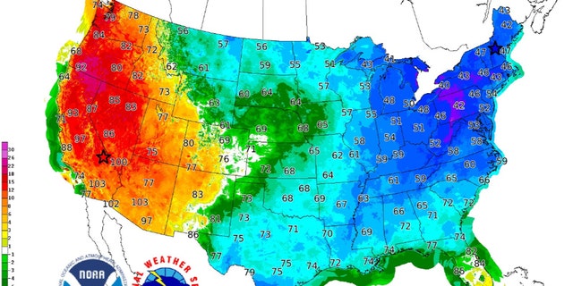 A contrast between temperatures on the West and East Coast on Saturday as a portion of the polar vortex brings bitter cold air to the Northeast.