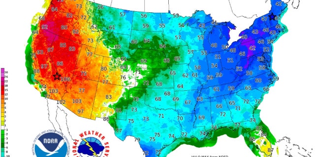 A contrast between temperatures on the West and East Coast on Saturday as a portion of the polar vortex brings bitter cold air to the Northeast.