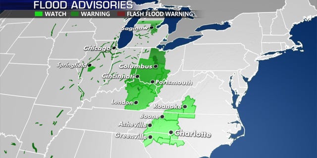 Flood watches, advisories, and warnings stretch from the Midwest to the southern Mid-Atlantic due to a slow-moving storm system.