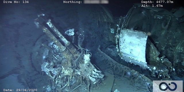 A 40mm-dual-mount-anti-aircraft gun on the USS Nevada. (Photo courtesy of Ocean Infinity/SEARCH, Inc.)