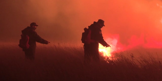 Employees of the Russian Emergencies Ministry fighting wildfires. Transbaikal Territory, Russia - April 27, 2020.