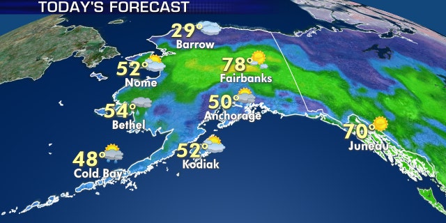 Warm conditions will continue in Alaska on Monday before the pattern changes and more seasonable conditions return.