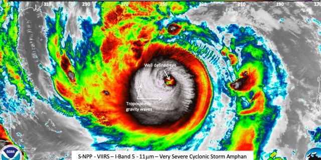 Tropical Cyclone Amphan rapidly intensified from 75 mph to 160 mph in just 24 hours from Sunday to Monday, strengthening from a Category 1 to a Category 5 equivalent storm in a day.
