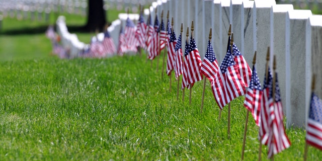 Memorial Day flags stand before a row of pristine white-marble gravestones.