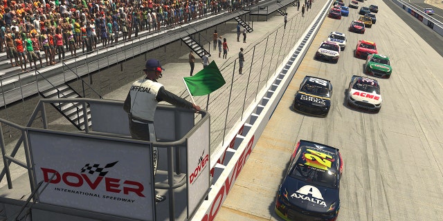 Byron crosses the start/finish line in the No. 24 Chevrolet.