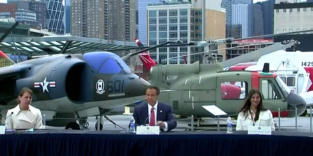 Gov. Andrew Cuomo briefing reporters about the coronavirus pandemic at the Intrepid Sea, Air and Space Museum in New York City on Memorial Day 2020.