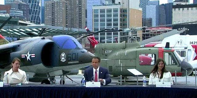Gov. Andrew Cuomo briefing reporters about the coronavirus pandemic at the Intrepid Sea, Air and Space Museum in New York City on Memorial Day 2020.