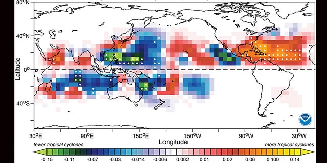 The areas that saw an increase in the frequency of tropical cyclones from 1980 to 2018 are marked in red, yellow, and orange, while areas that saw a decrease are shaded in blue and green.