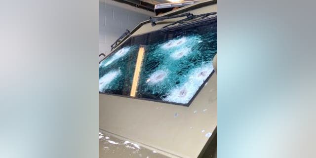 Bullet damage is seen on an armored Delaware State Police “BearCat” vehicle following a shootout earlier this month. (Delaware State Police)
