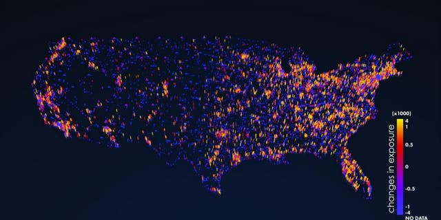 The map displays projected changes in human exposure to extreme climate events at a 1-kilometer scale from 2010 to 2050, which range from minor decreases in rural and suburban areas to moderate and major increases in densely populated urban centers.