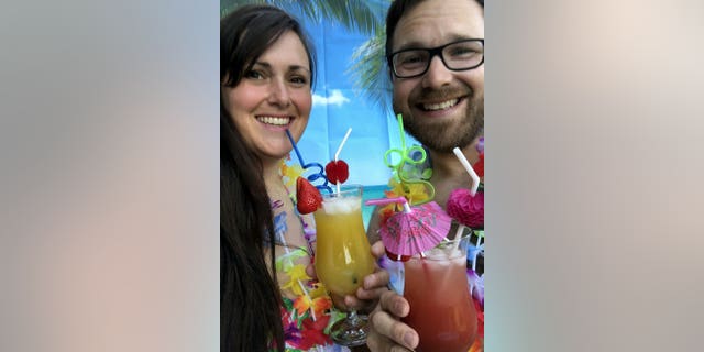 On Sunday, Jen and Chris visited "Volcano Bay" and drank from a cocktail list in the hot tub.