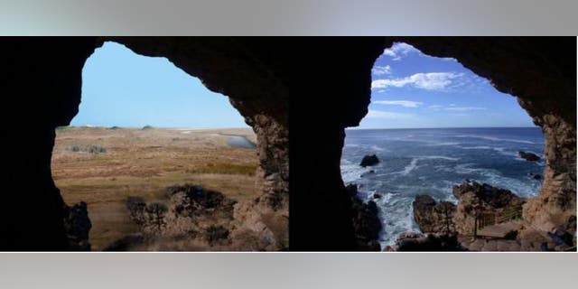 Looking out at the Palaeo-Agulhas Plain from the cave entrance at the Pinnacle Point, South Africa, research site--left, 200,000 years ago during glacial phases and lower sea levels, and right, today where the ocean is within yards of the cave entrances at high tides.