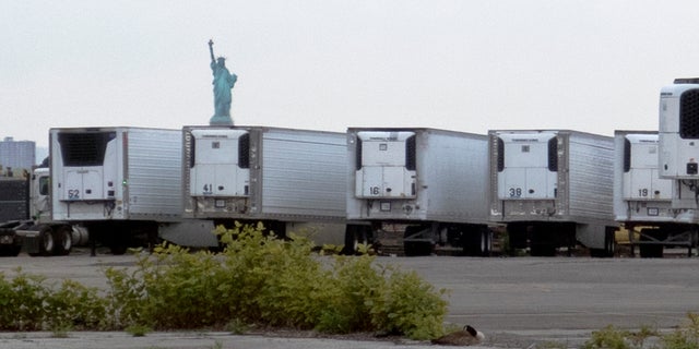 As US coronavirus death toll mounts, so does the belief by some that it is exaggerated 3 The Statue of Liberty rises in the distance above refrigerated trucks intended for storing corpses that are staged in a lot at the 39th Street pier in Brooklyn. (AP)