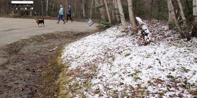 A dusting of snow covers a hillside in Stowe, Vt., on Tuesday May 5, 2020.