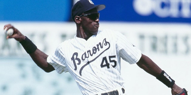 Michael Jordan #45 of the Birmingham Barons throws during an August 1994 game against the Memphis Chicks at Hoover Metropolitan Stadium in Hoover, Alabama.
