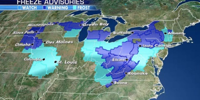Freeze watches, warnings and advisories stretch from the Midwest to the Mid-Atlantic and Northeast as unseasonable cold lingers in the region.