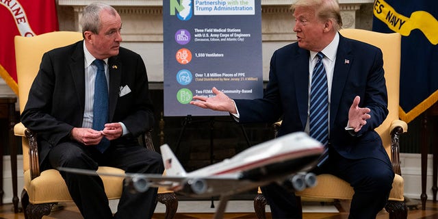 President Trump speaks during a meeting about the coronavirus response with Gov. Phil Murphy, D-N.J., in the Oval Office of the White House, Thursday, April 30, 2020, in Washington. (Associated Press)