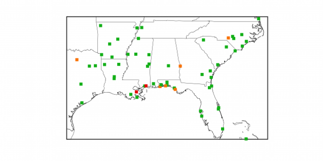Areas in the U.S. Southeast where heat/humidity mixtures have driven temperatures to ‘wet-bulb’ readings of 31 degrees C (equivalent to 125 degrees F on the “real feel” heat index). Green markers show one occurrence from 1979-2017; orange, 3; red, 10. (Credit: Colin Raymond)