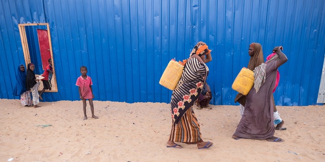 Women carrying jerrycans with water in IDP camp. Somalia in the grip of an unprecedent and devastating food crisis. Drought has caused crops to fail and cattle to die in Somalia causing severe food and water shortages. Brutal conflicts in South Sudan, Yemen and Nigeria and Somalia have driven millions of people from their homes and left millions more in need of emergency food. In Somalia, where cholera outbreaks have killed hundreds of people, the looming famine threatens 6.2 millionmore than half the population. It threatens to bring back the grim reality of 2011, when 260,000 Somalis starved to death. For over two decades, Somalia has been in a state of complex humanitarian crisis, with socio-economic, political and environmental factors leading to widespread conflict, drought, more recently flooding and numerous other recurrent human and natural disasters. In recent days, thousands of Somalis have trekked to Mogadishu desperately searching food and aid. (Photo by Maciej Moskwa/NurPhoto via Getty Images)