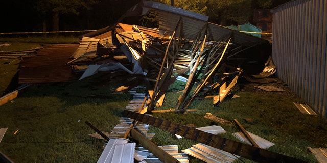 Damage can be seen to the Kittrell Volunteer Fire Department after a derecho blasted Tennessee on Sunday.