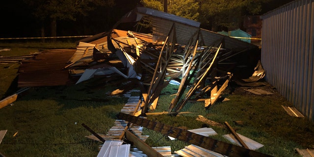 Damage can be seen to the Kittrell Volunteer Fire Department after a derecho blasted Tennessee on Sunday.