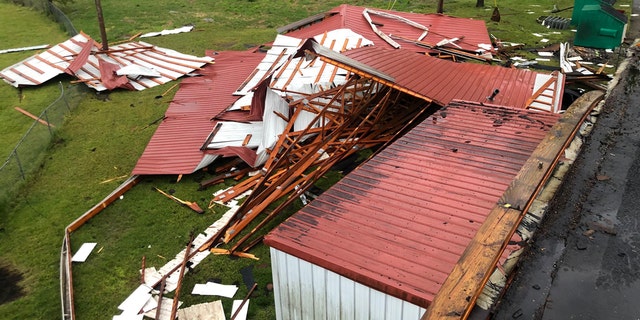 Damage can be seen to the Kittrell Volunteer Fire Department after a derecho blasted Tennessee on Sunday.