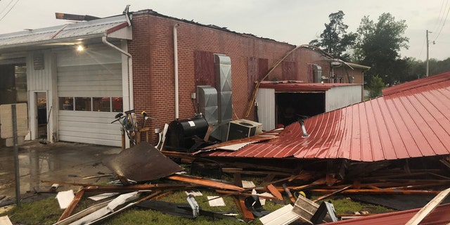 Damage can be seen to the Kittrell Volunteer Fire Department after a derecho blasted Tennessee on Sunday.