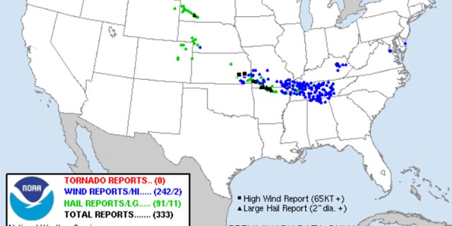 There were some 242 reports of wind damage on Sunday, concentrated over the southeast Missouri, northeast Arkansas, and then stretching through western and middle Tennessee.