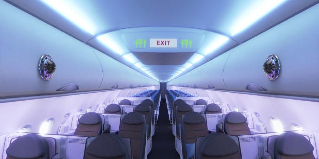 In an image, Airbus shows sensing devices affixed to overhead bins inside an airplane. (Credit: Airbus)