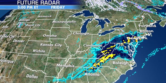 A storm system moving out of the Tennessee Valley is bringing rain that will change over to snow as it meets with cold temperatures arriving in the Northeast.