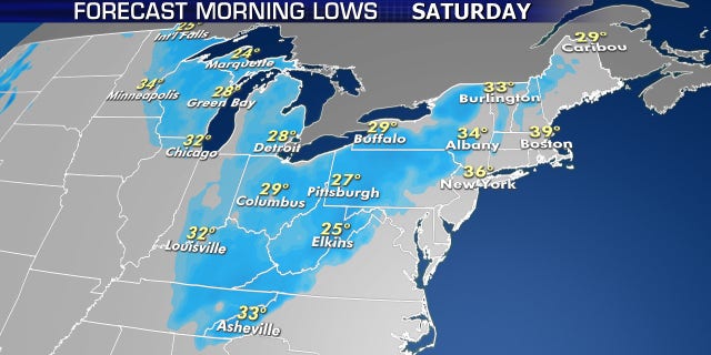 The coldest air will arrive by Saturday morning.