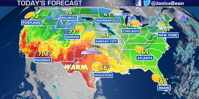 Hot weather continues out West on Thursday, as the Northeast braces for a shot of Arctic air.