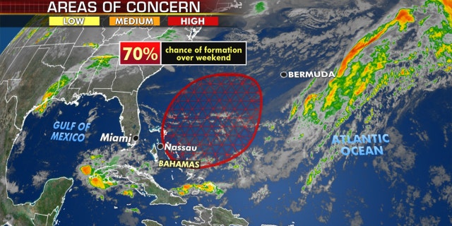 There is a 70 percent chance that a subtropical depression or storm forms through the next five days while the system moves northeastward over the western Atlantic, according to the National Hurricane Center.