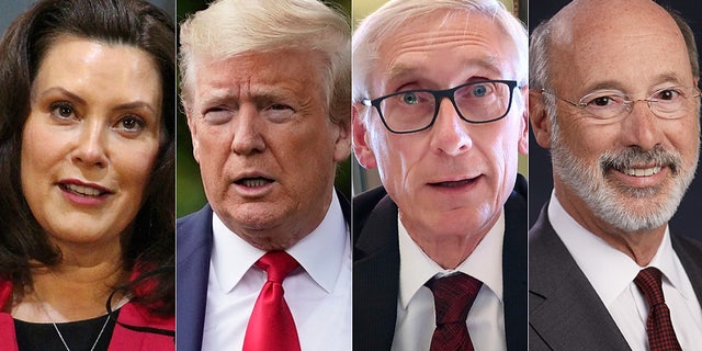 From left, Gov. Gretchen Whitmer of Michigan, President Trump, Wisconsin Gov. Tony Evers and Pennsylvania Gov. Tom Wolf