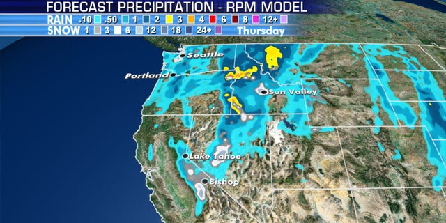 Several inches of snow are expected on Tuesday in high-elevation areas of California and Nevada.