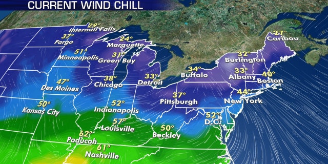 Wind chills on Tuesday as cooler air surges into the Midwest and Northeast.