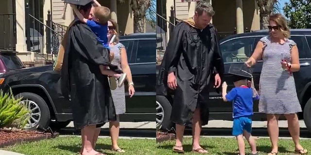 After the applause, little Nolan mischeviously stole back the spotlight by trying on the mortarboard cap.