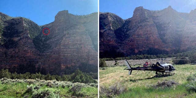 The red circle on the first photo shows the location of the Utah Department of Public Safety helicopter as it hovers near the spot where the injured climber was found. The rescue operation also used a second helicopter crew from Classic Air Medical.